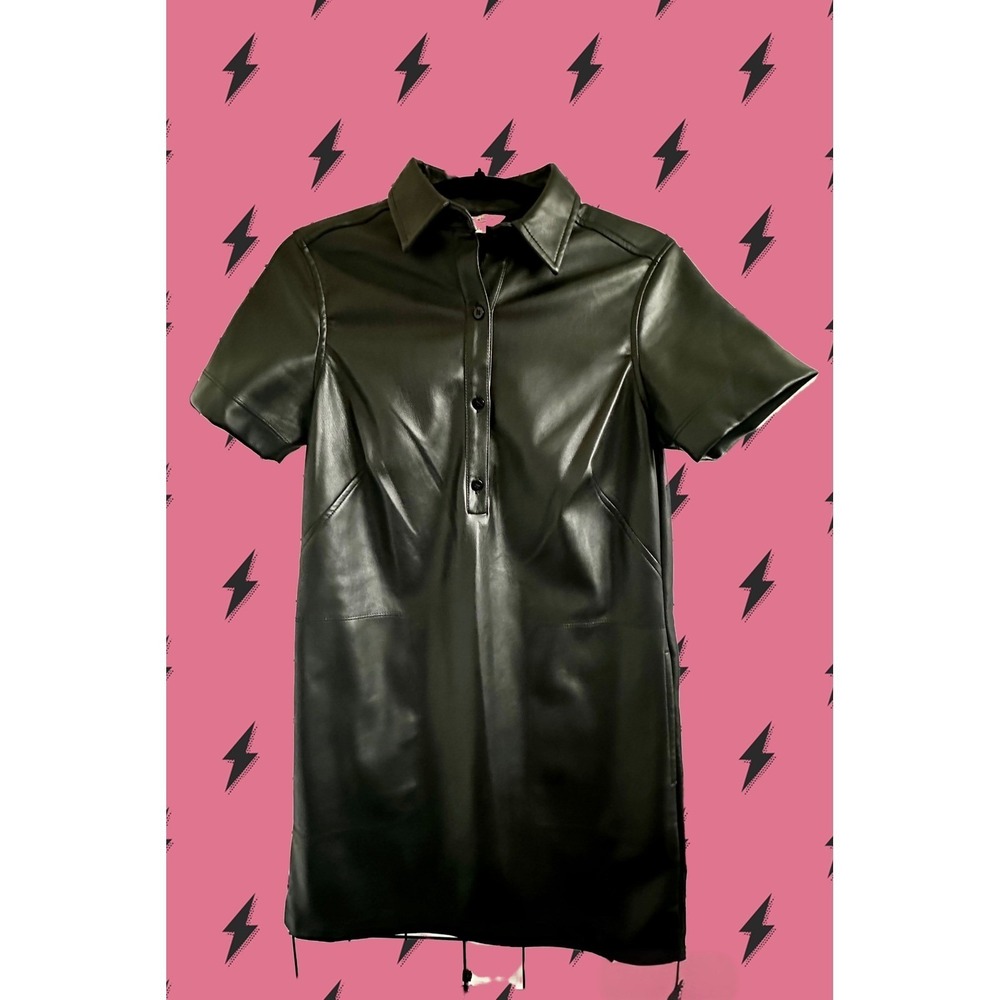 MAX STUDIO‎ LONDON Black Faux Leather Shirt Dress Short Sleeve Button Front XS